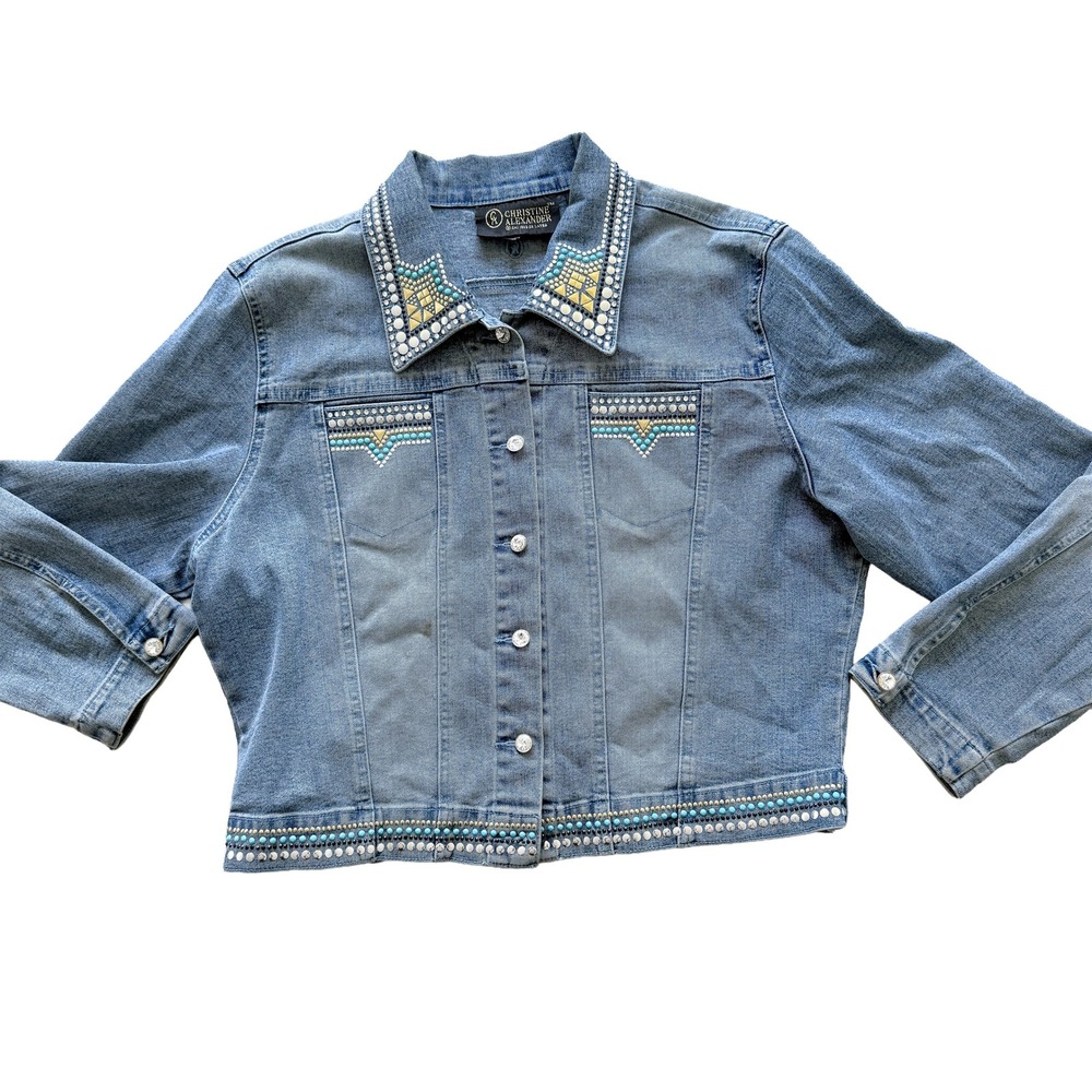 Christine Alexander Womens Medium Embellished Denim Jacket Cross Rhinestone Blue
